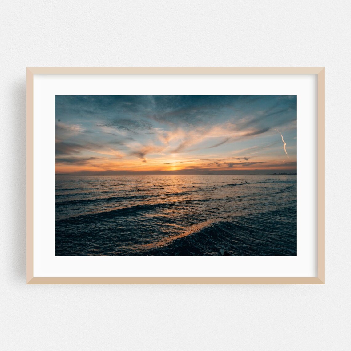 Newport Beach Sunset Golden Sky Over Ocean Waves Surfers Photo Poster
