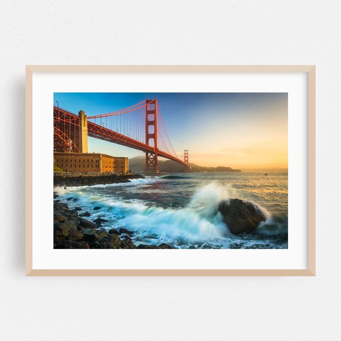 Golden Gate Bridge Fort Point Sunset Waves Travel Photo Poster