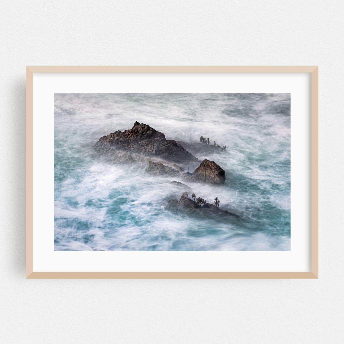 Rocky Shoreline in Foaming Surf Long Exposure Ocean Art Print