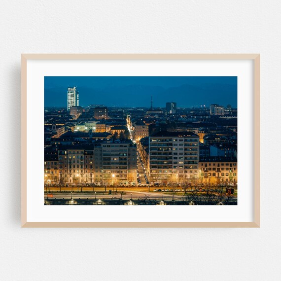 Turin Italy Night Cityscape Blue Hour Lights Skyline View Poster