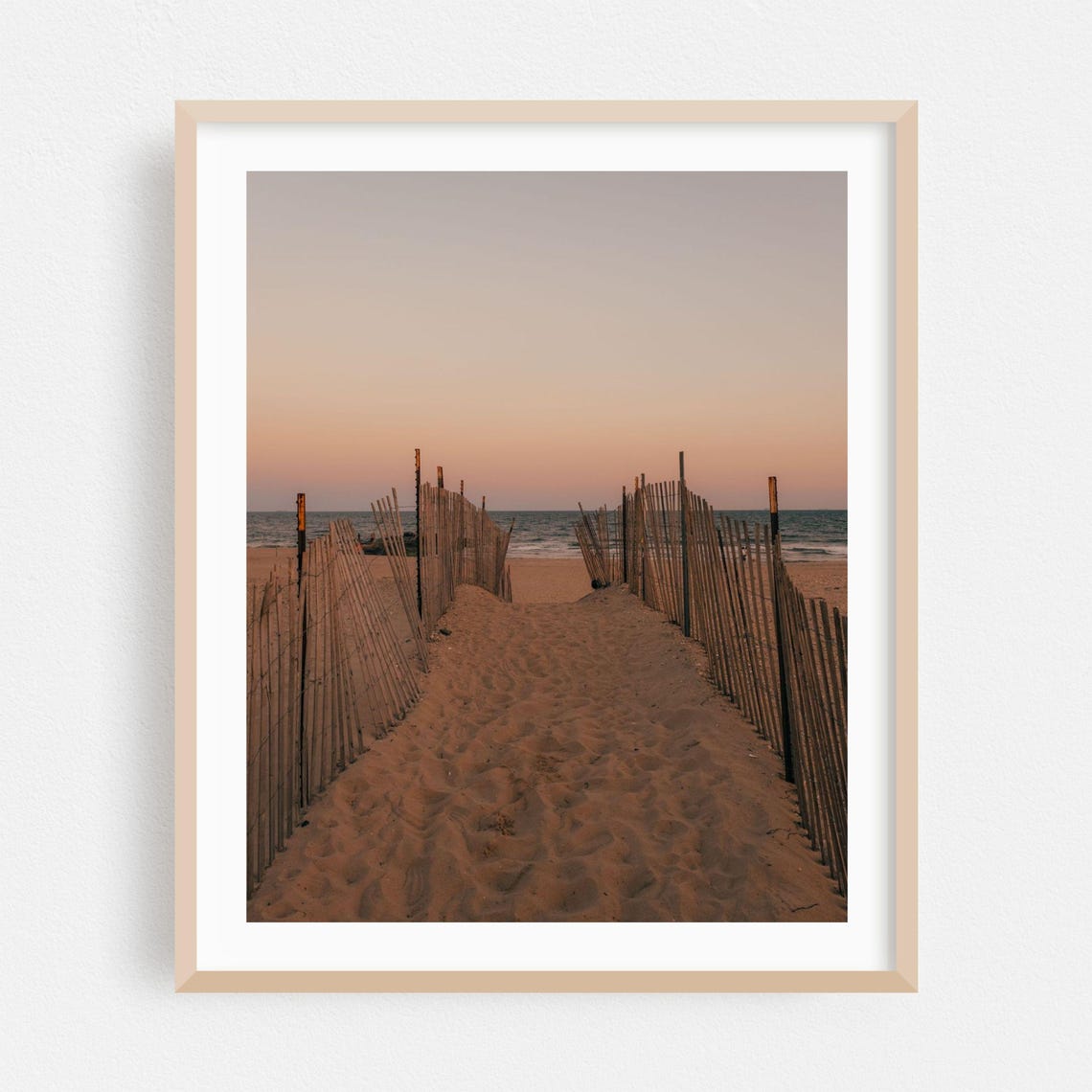 Sandy Beach Dune Fence Path Pastel Sunset Ocean Serene Coastal Poster