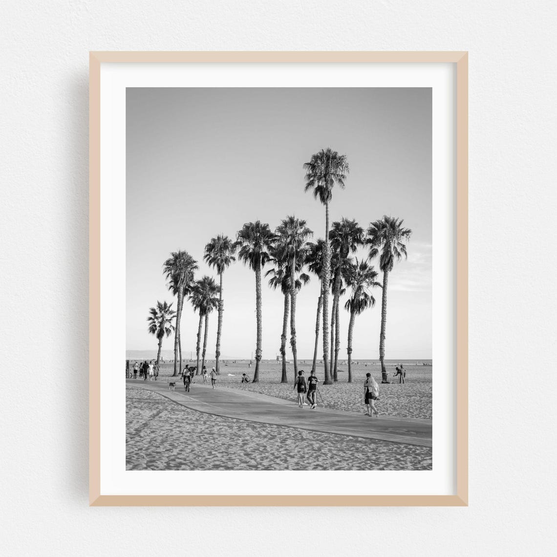 Santa Monica Beach Palm Trees Black and White Boardwalk Photo Poster