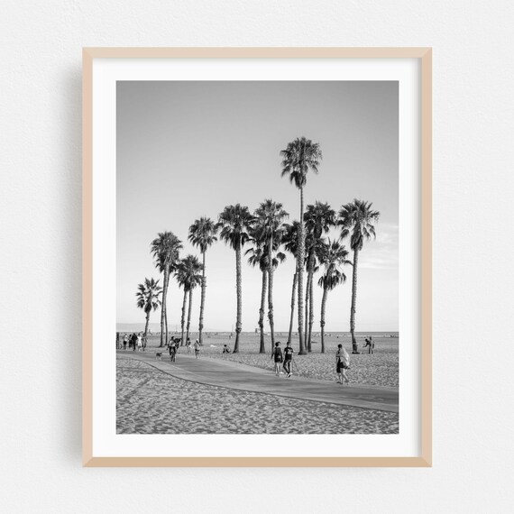 Santa Monica Beach Palm Trees Black and White Boardwalk Photo Poster
