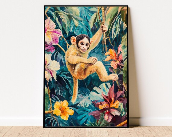 Cute Baby Monkey Swinging On A Vine In Tropical Jungle Poster