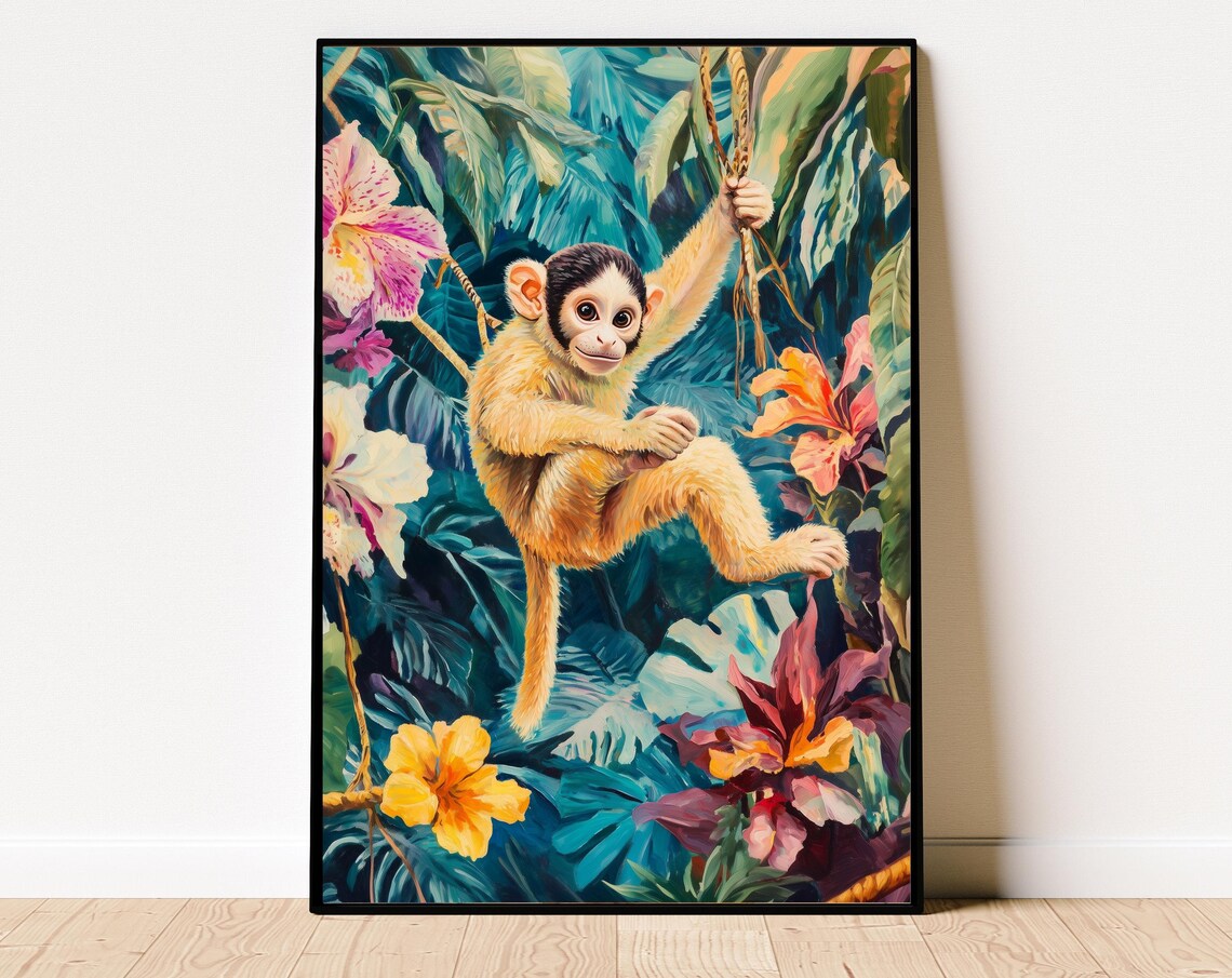 Cute Baby Monkey Swinging On A Vine In Tropical Jungle Poster