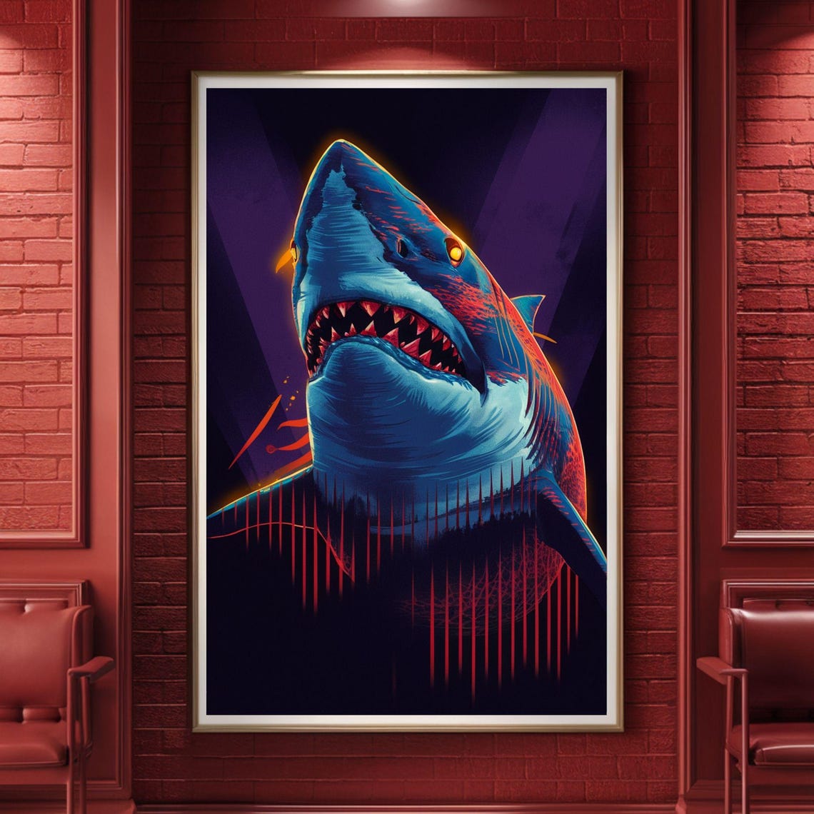 Great White Shark Pop Art Blue Red Fierce Sharp Teeth Ocean Poster