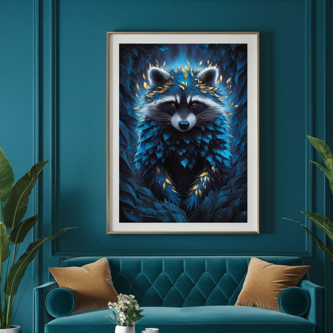 Blue Feather Raccoon Golden Leaves Wildlife Portrait Art Poster - Image 5