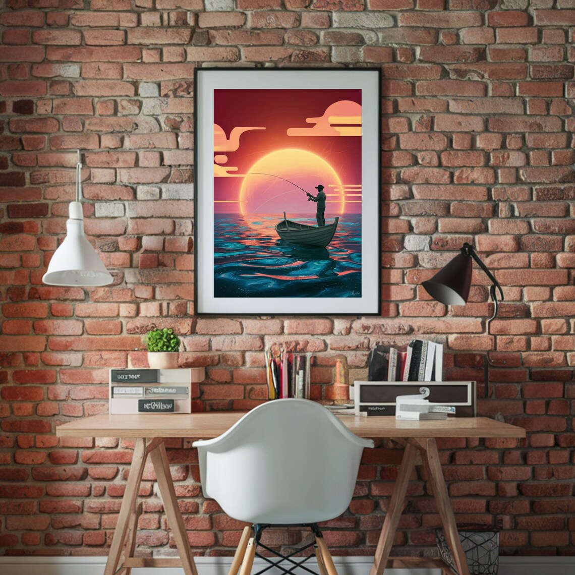 Fisherman In Boat Silhouette Giant Orange Sunset Ocean Art Poster - Image 3