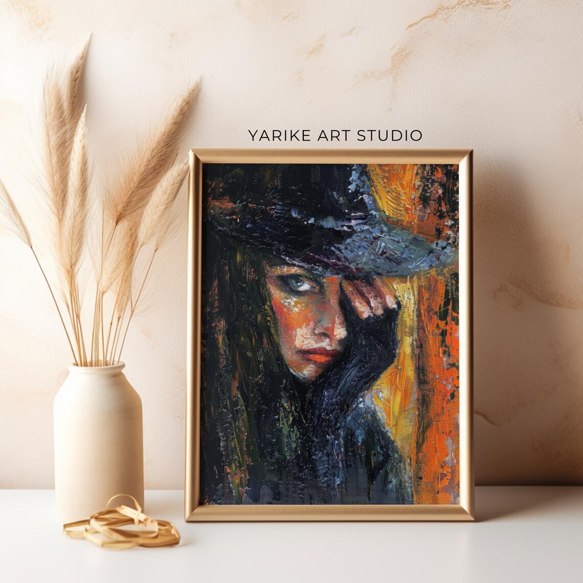 Moody Woman in Dark Hat Expressionist Portrait Painting Poster - Image 3