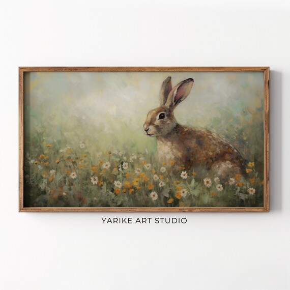 Brown Bunny Among Daisies Soft Spring Meadow Rabbit Painting Poster