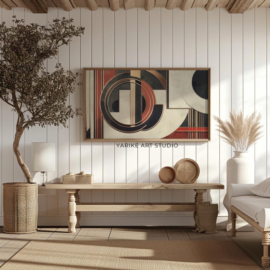 Mid Century Modern Geometric Circles Red Gold Black Abstract Poster - Image 2
