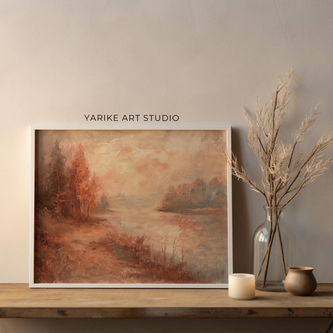 Soft Autumn Lake Landscape Muted Pink Peach Tonal Painting Poster - Image 4