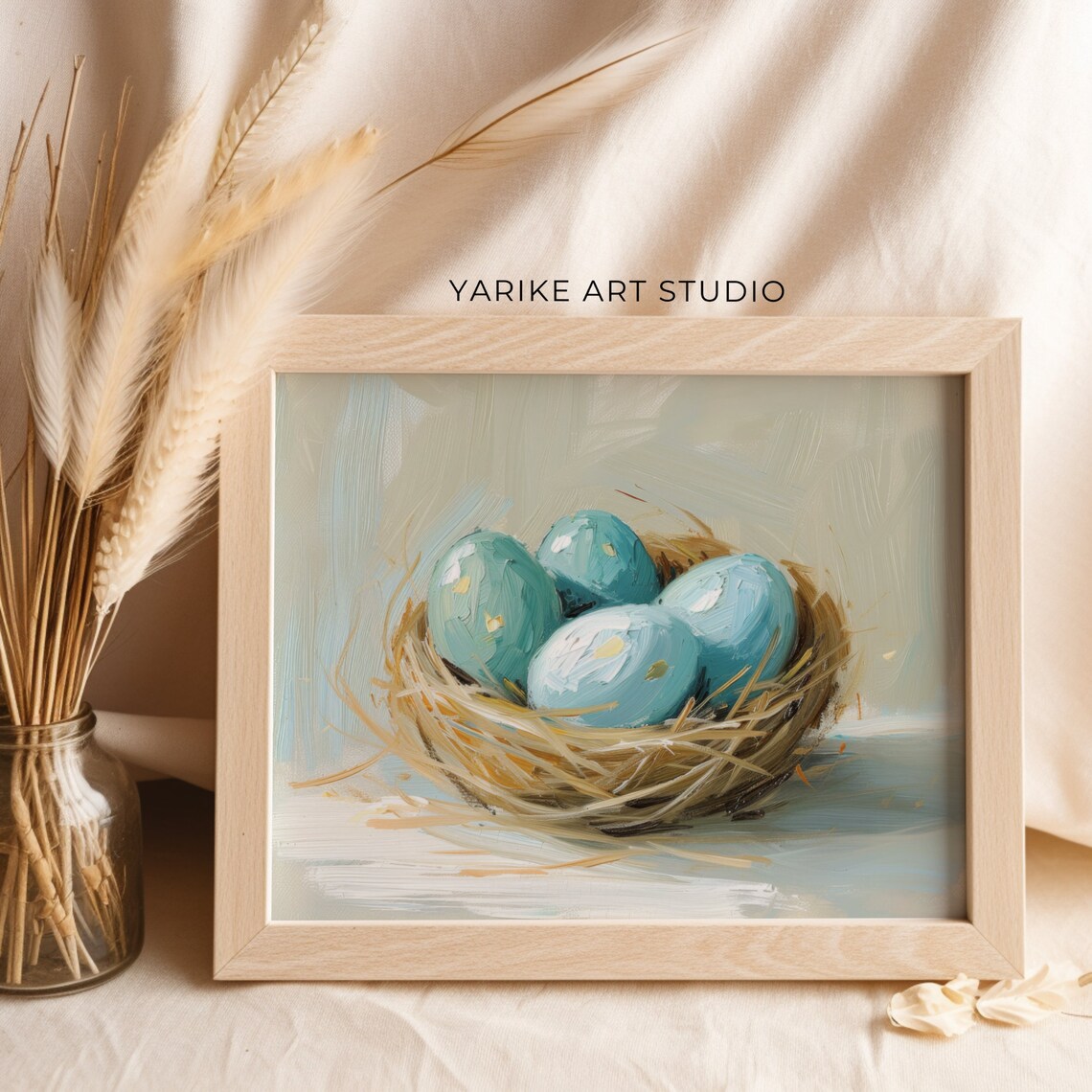 Blue Bird Eggs in Nest Oil Painting Spring Still Life Poster - Image 5