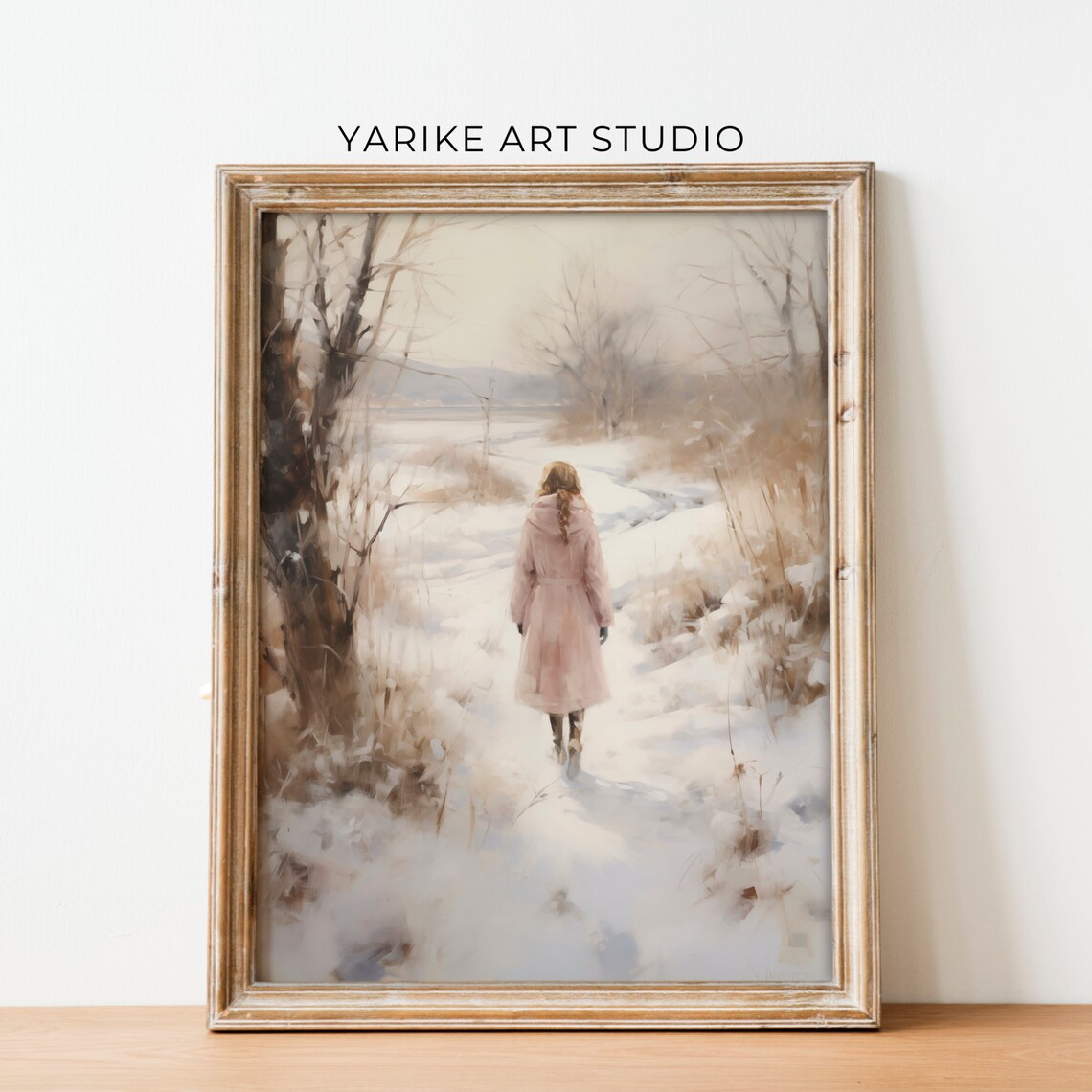Girl in Pink Coat Walking Snowy Winter Path Vintage Painting Poster