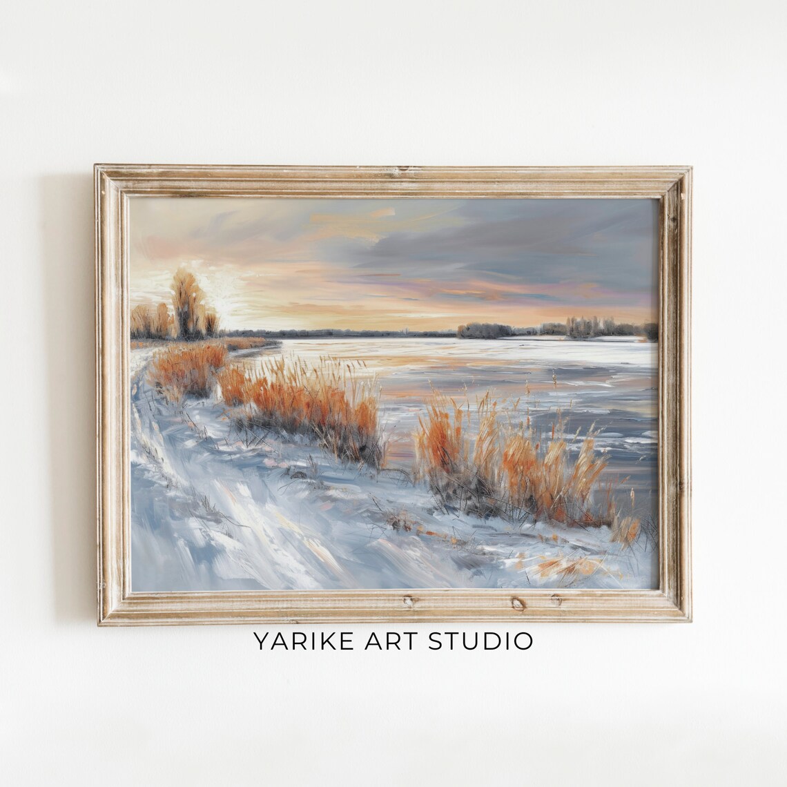 Winter Lake Landscape Oil Painting Vintage Winter Road Art Rustic Moody Countryside Winter Decor Country House Decor Winter Prints