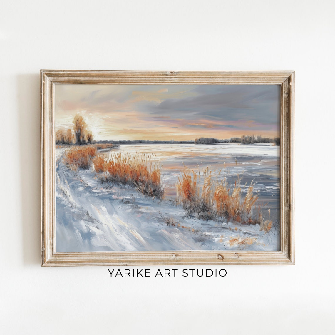 Winter Lake Sunset Golden Reeds Frozen Shore Moody Landscape Poster