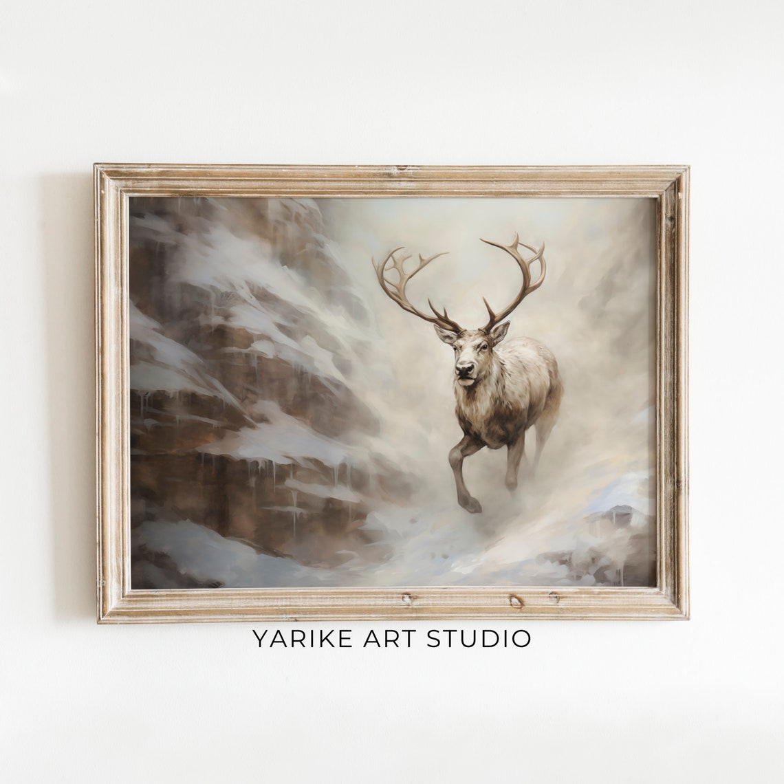 Running White Stag Snowy Mountain Winter Wildlife Art Poster