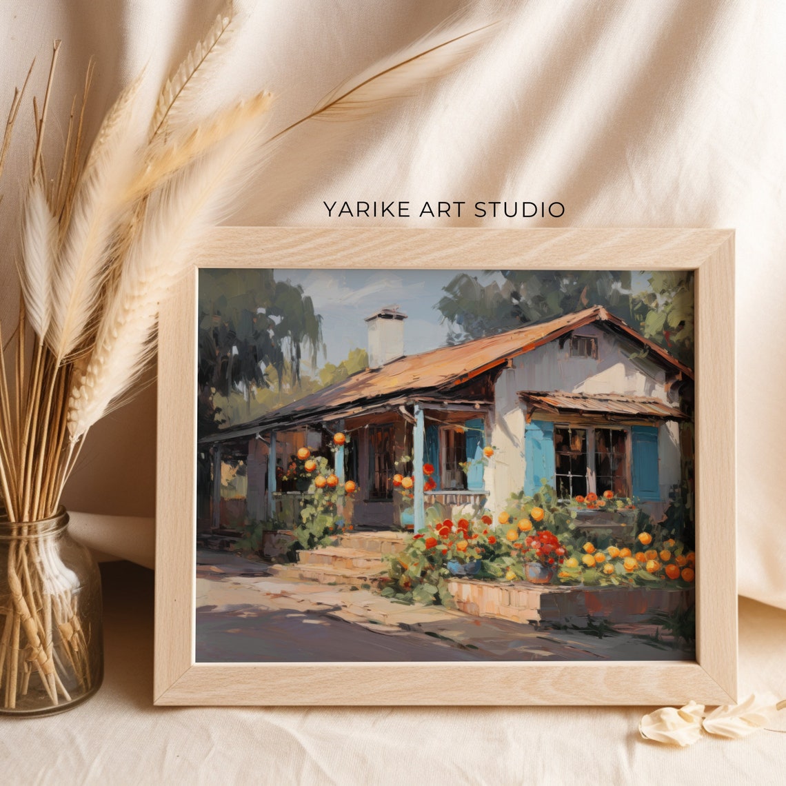 Rustic Cottage with Blue Shutters Blooming Marigolds Painting Poster - Image 2