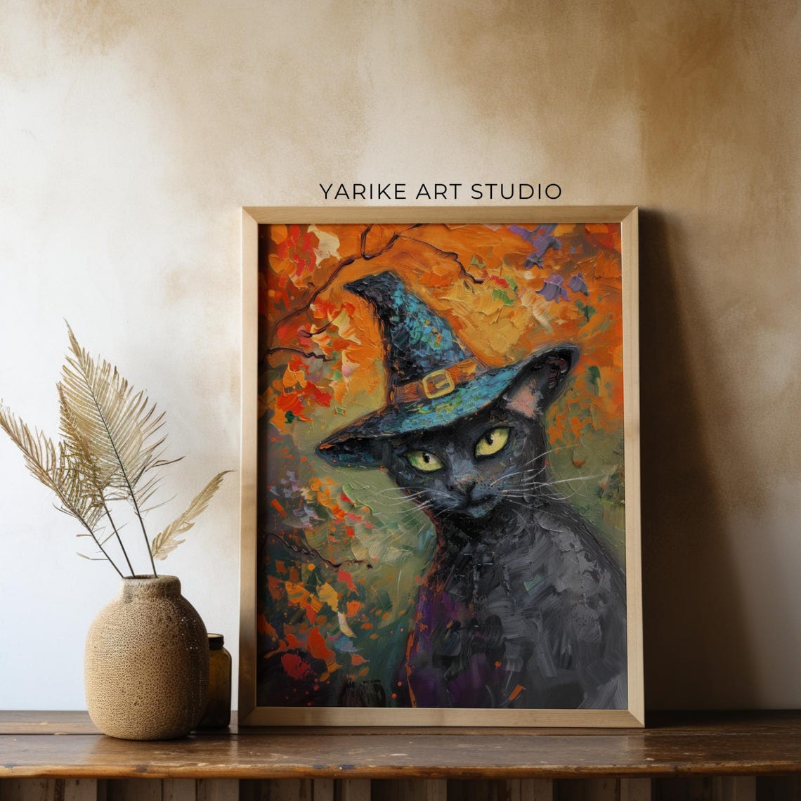 Black Cat Wearing Witch Hat Autumn Halloween Portrait Poster - Image 3