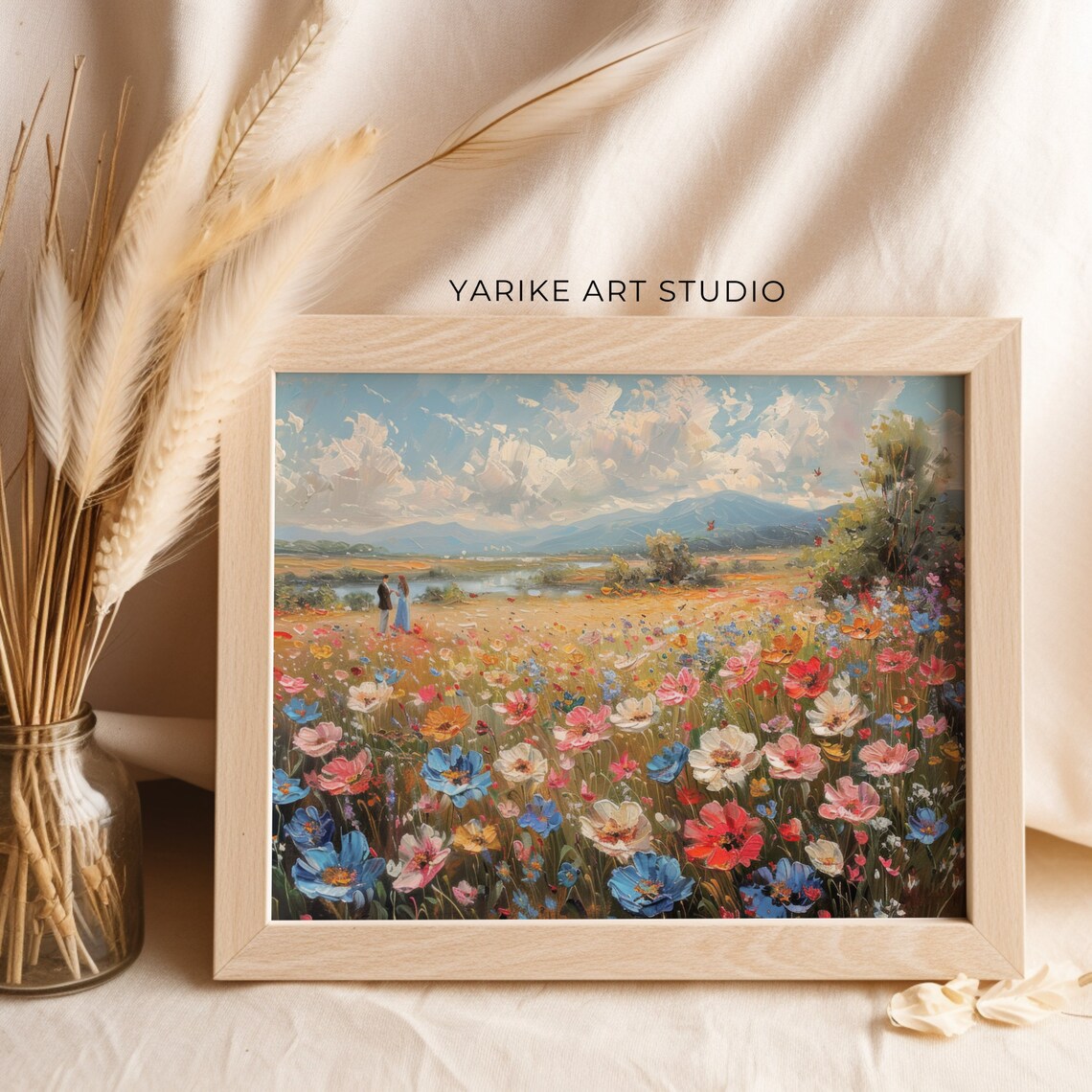 Colorful Wildflower Meadow with Couple Mountain View Painting Poster - Image 2
