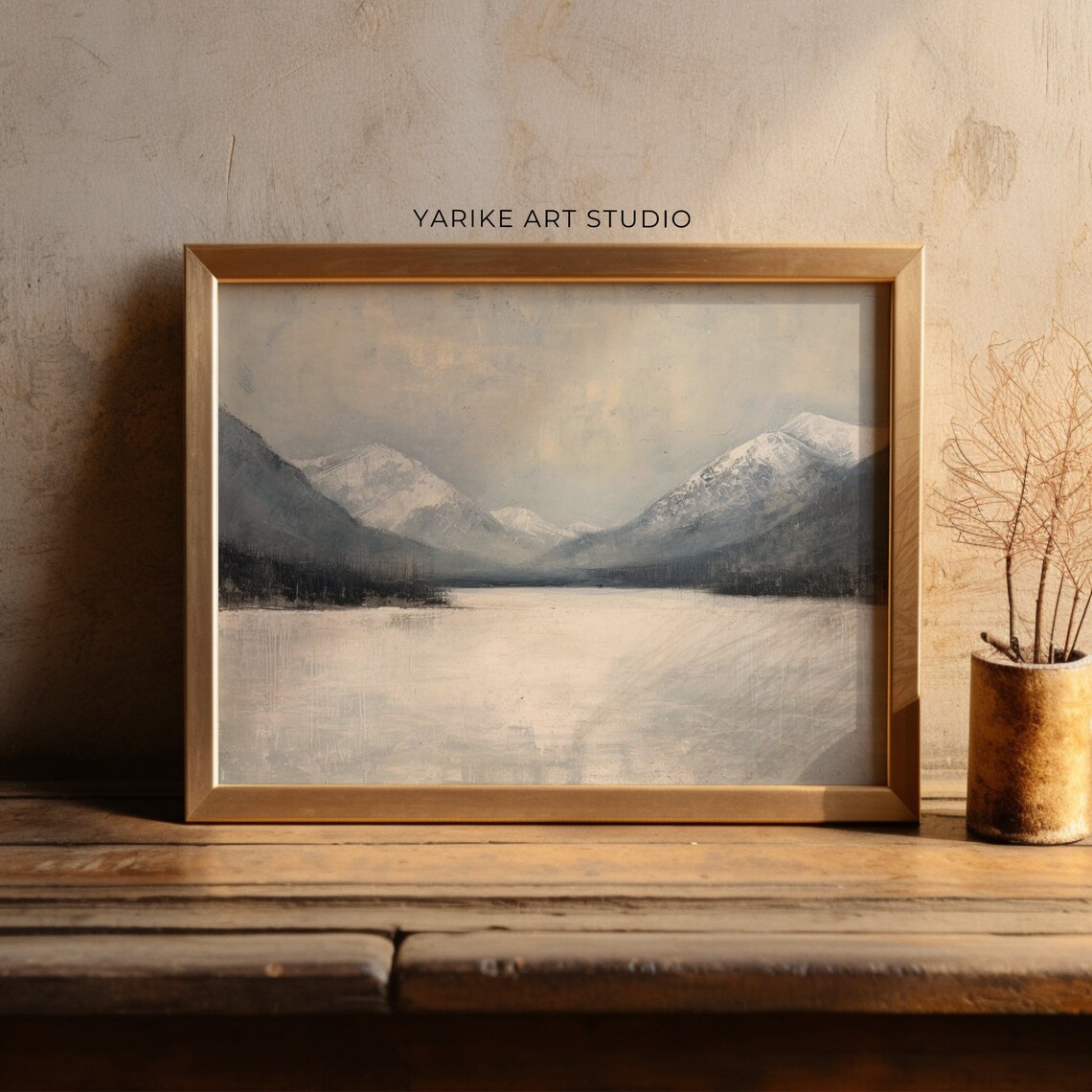 Minimalist Snow Mountain Lake Gray Tonal Winter Landscape Poster - Image 2