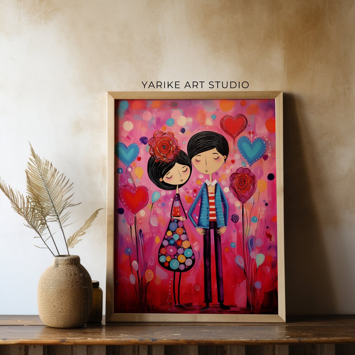 Cartoon Folk Art Couple In Love Hearts Romantic Valentine Poster - Image 3