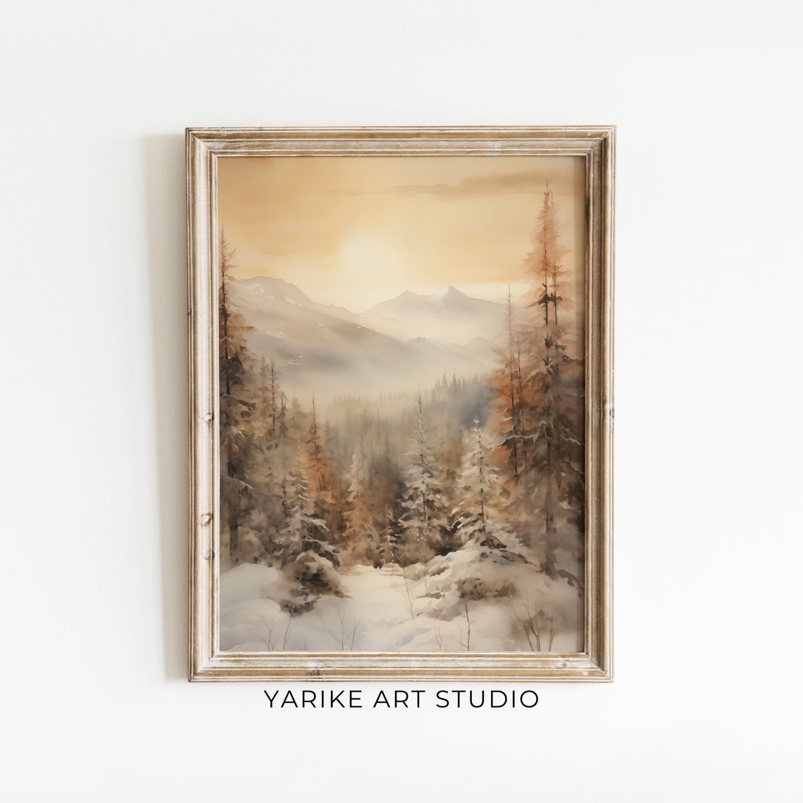 Snowy Winter Forest Mountains Golden Sky Watercolor Landscape Poster