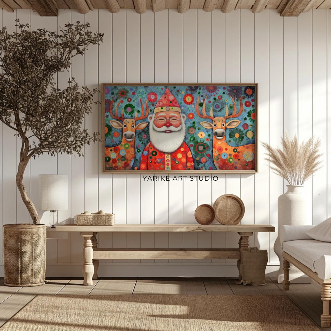 Folk Art Santa Claus Reindeer Colorful Patterned Christmas Poster - Image 2