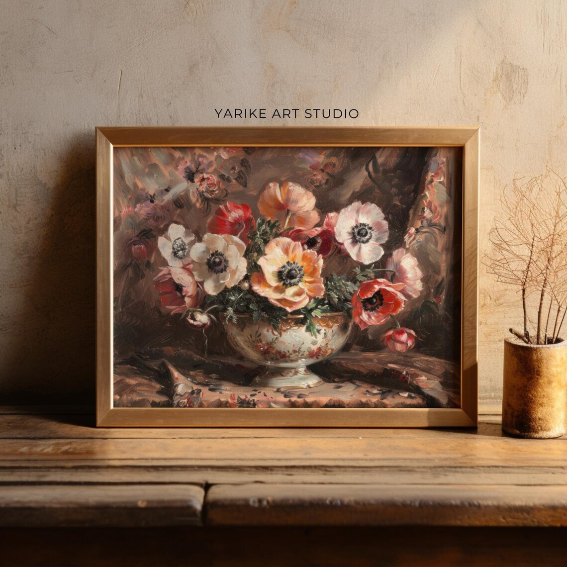 Vintage Anemone Bouquet Bowl Floral Still Life Oil Painting Poster - Image 3
