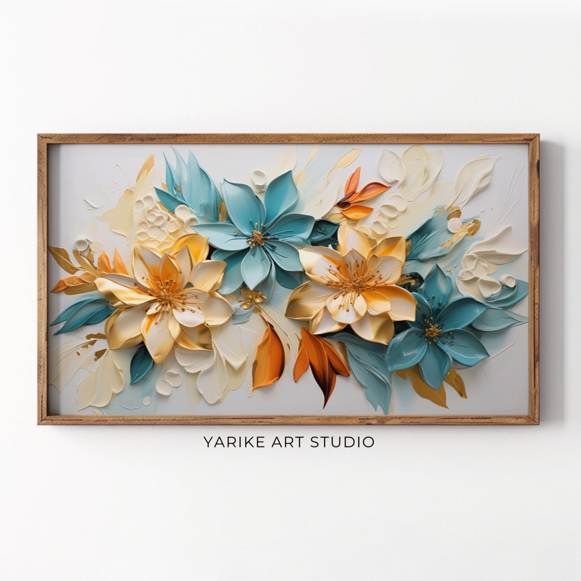 Textured Teal And Gold Floral Relief Flowers Modern Wall Art