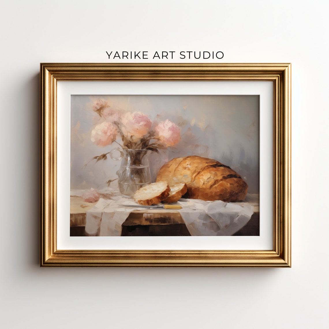 Vintage Rustic Bread And Pink Peonies Still Life Farmhouse Poster - Image 4