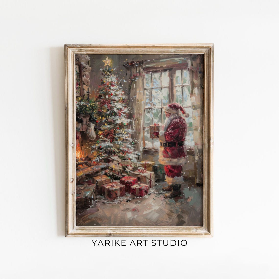 Santa Placing Gifts Under Christmas Tree Cozy Holiday Poster - Image 6