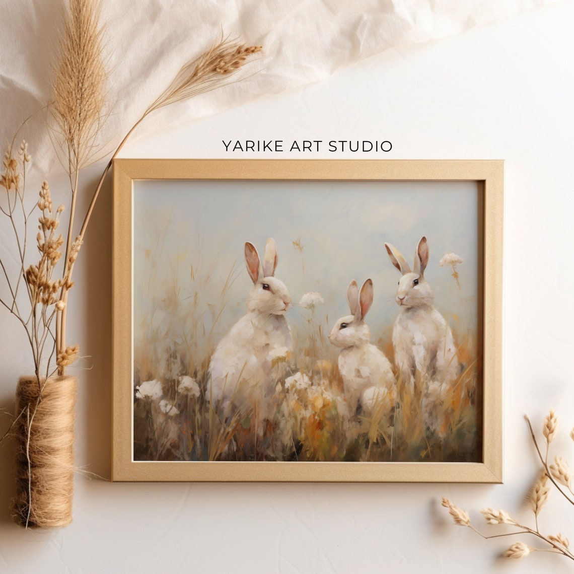 Three White Rabbits in Golden Meadow Vintage Rabbit Art Poster - Image 3