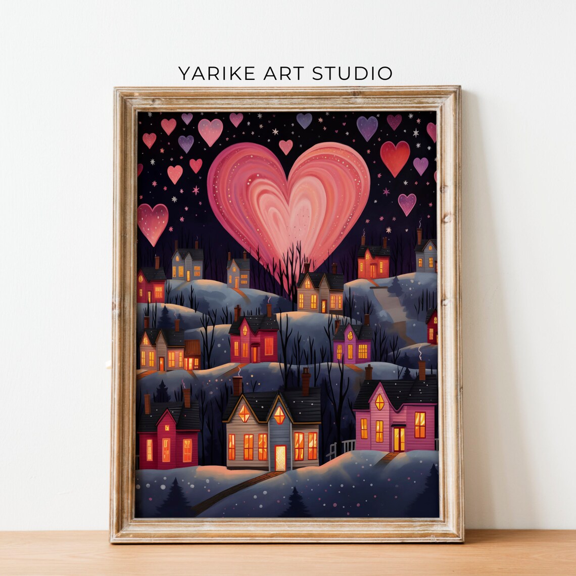 Snowy Village Night With Giant Pink Heart In Sky Valentine Poster - Image 4