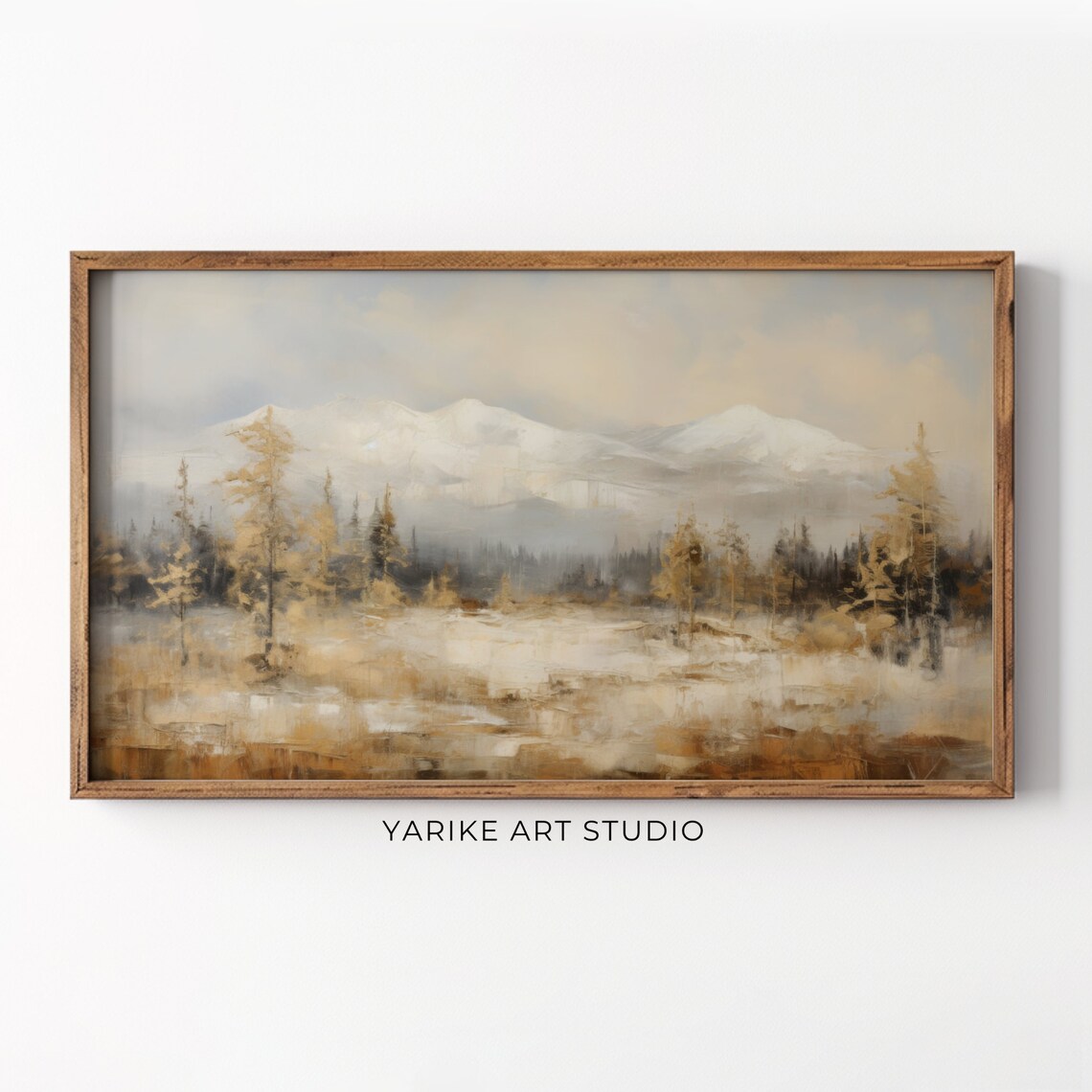 Snowy Mountain Peaks and Golden Pines Winter Landscape Art Poster