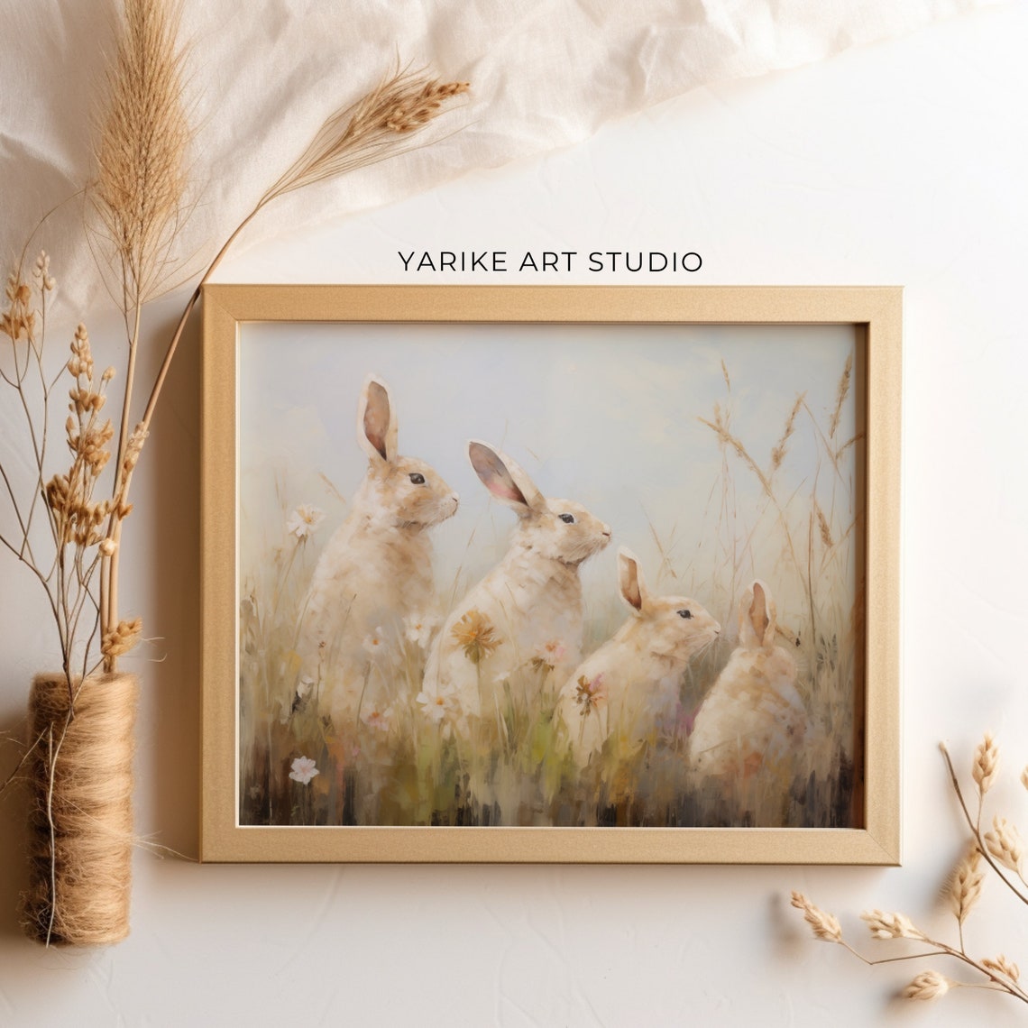 Four White Rabbits In Wildflower Meadow Spring Easter Poster - Image 4