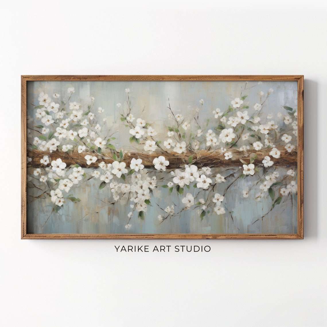 White Cherry Blossom Branch Spring Bloom Soft Blue Floral Poster