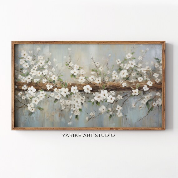 White Cherry Blossom Branch Spring Bloom Soft Blue Floral Poster