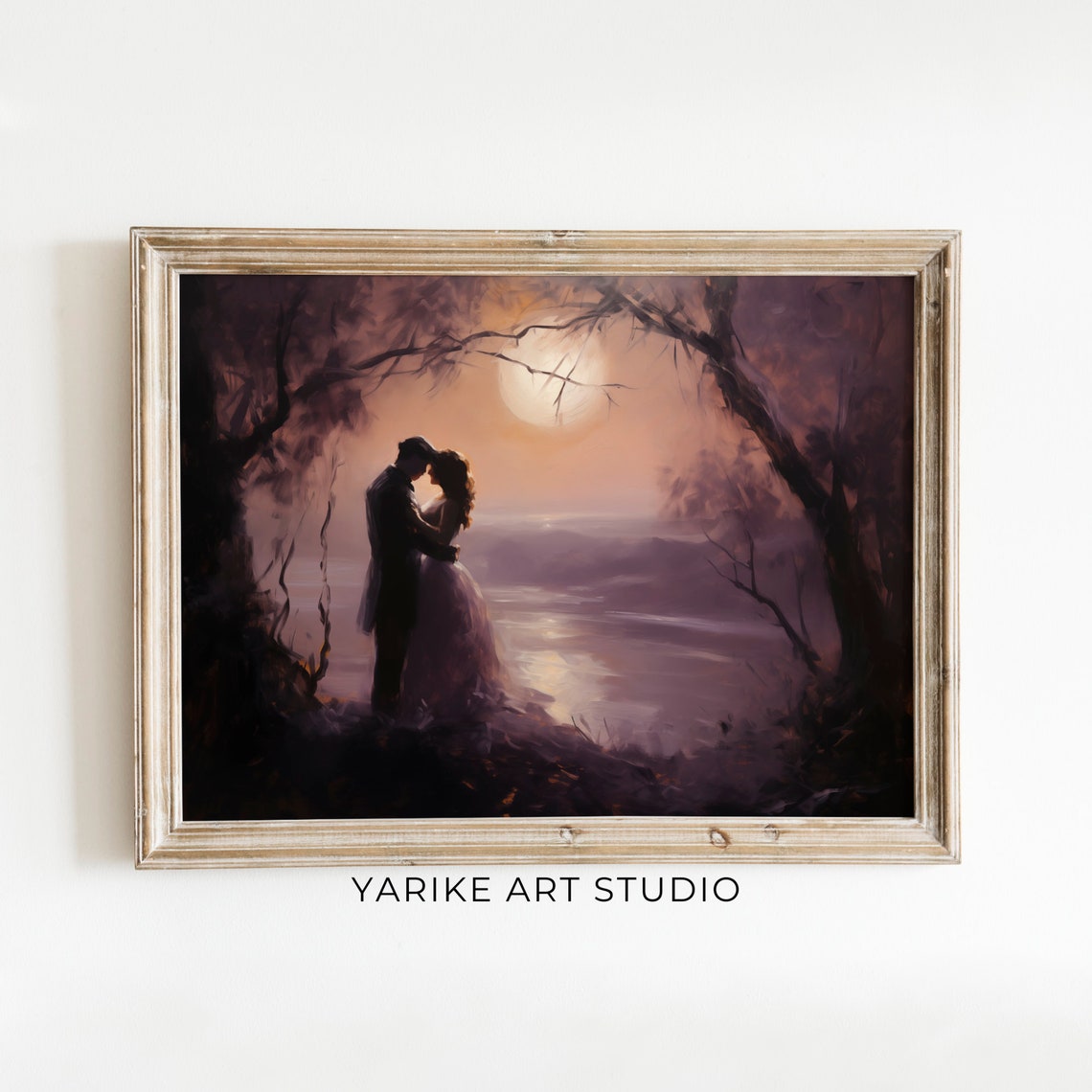 Moonlit Lovers Embrace by the Water Dark Romantic Painting Poster - Image 6