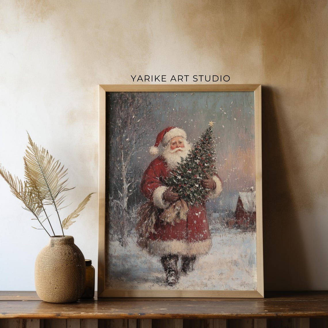 Vintage Santa Claus Carrying Christmas Tree in Snowfall Poster - Image 3