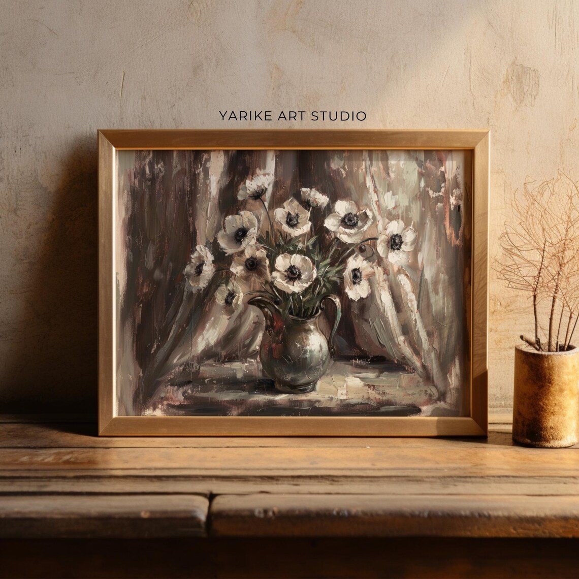 White Anemones In Silver Pitcher Moody Vintage Still Life Poster - Image 3
