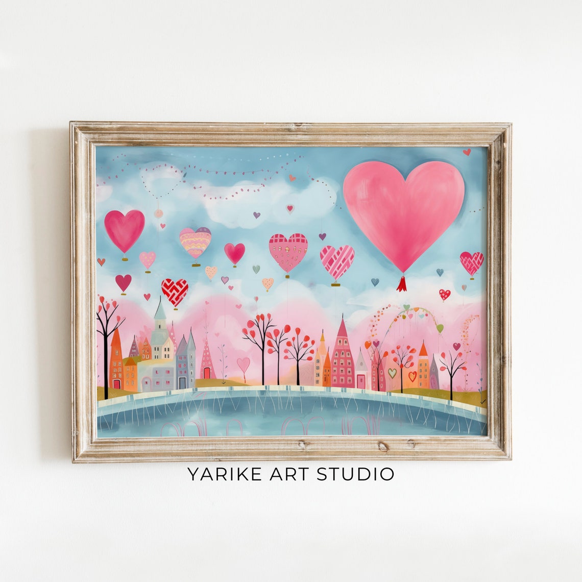 Pastel City With Heart Hot Air Balloons Valentine Folk Poster