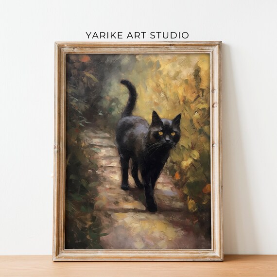 Black Cat With Amber Eyes Walking Garden Path Oil Painting Poster