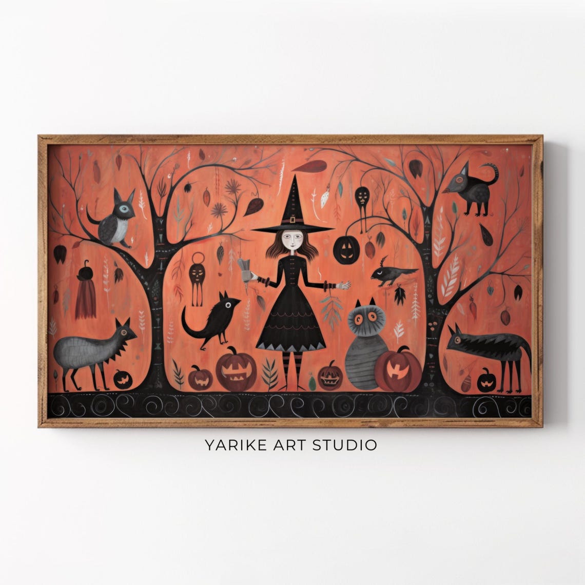 Cute Folk Art Witch Girl Black Cats Pumpkins Halloween Poster