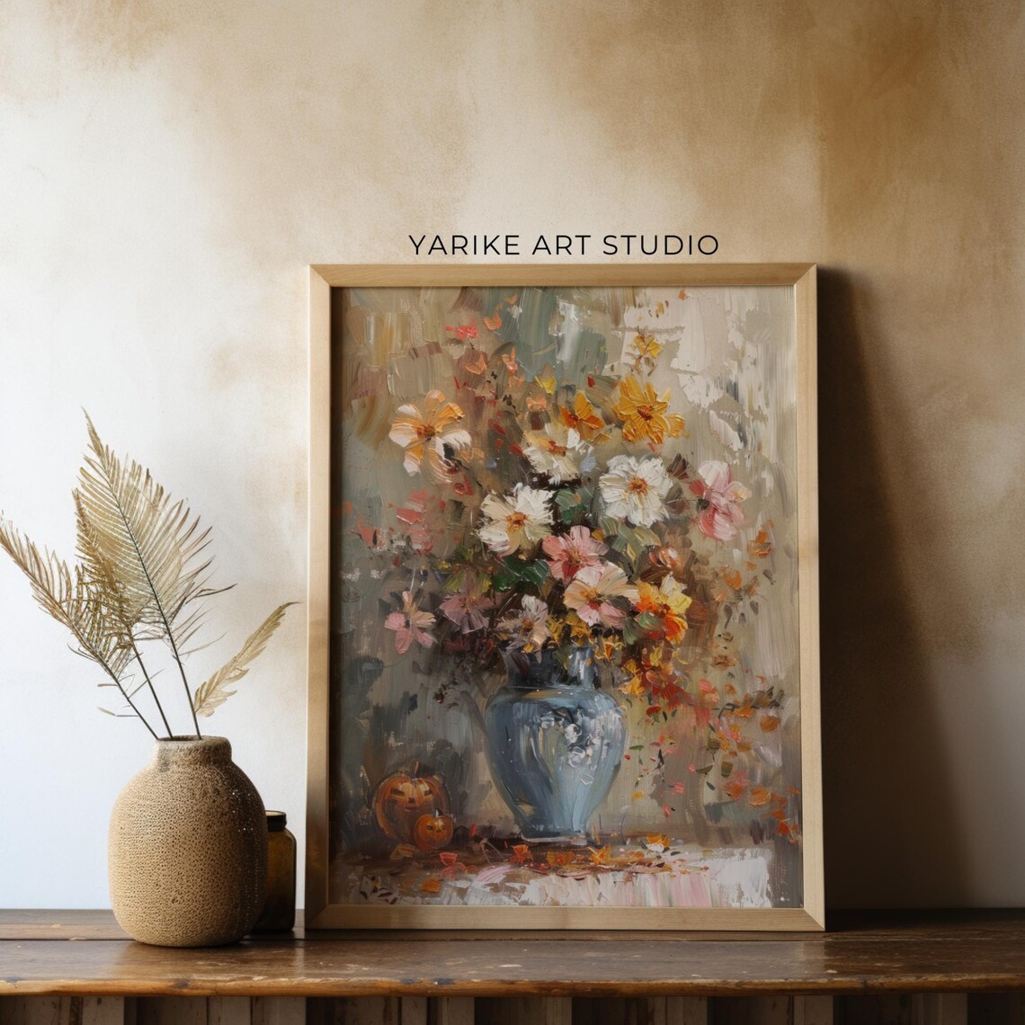 Vintage Autumn Still Life Bouquet In Blue Vase With Pumpkins Poster - Image 3