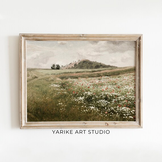 Vintage Wildflower Meadow Painting With Distant Hill Classic Poster