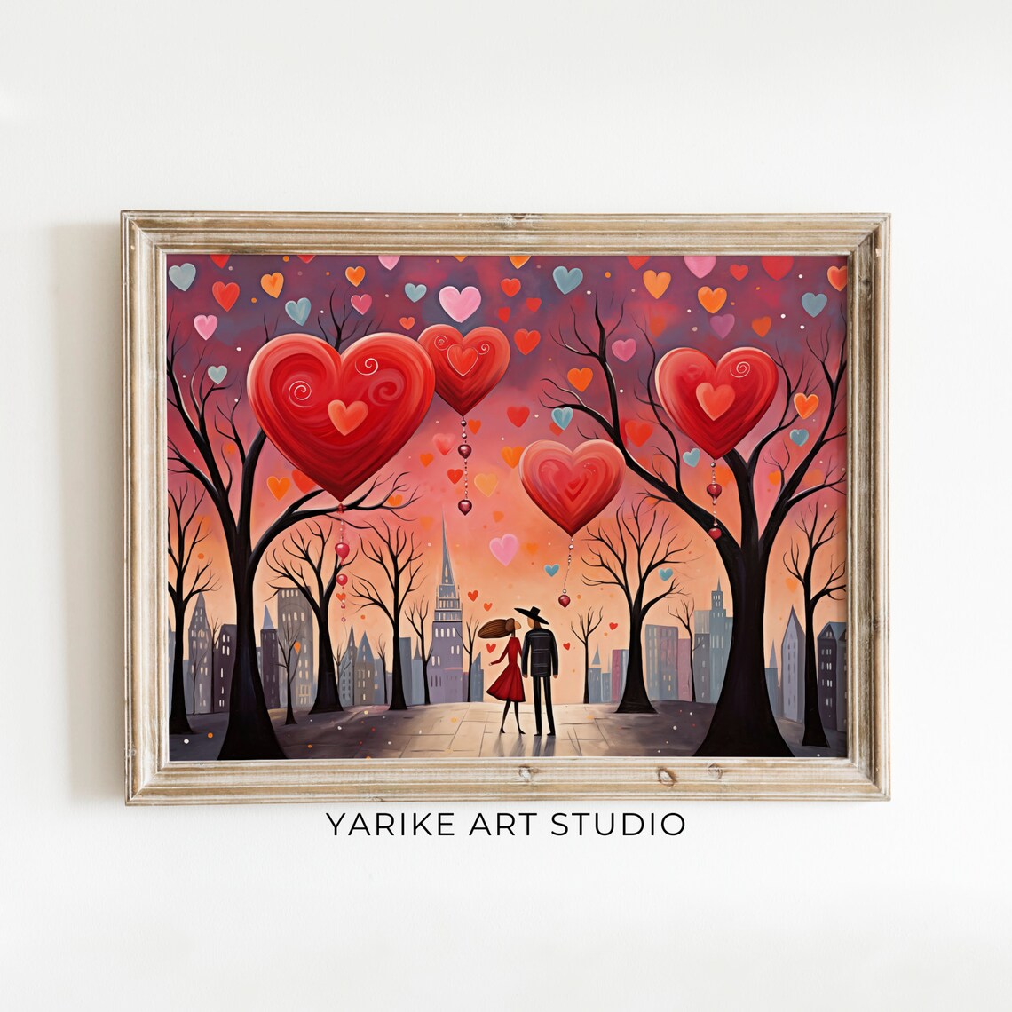 Couple Under Giant Red Hearts Cityscape Folk Valentine Poster - Image 6