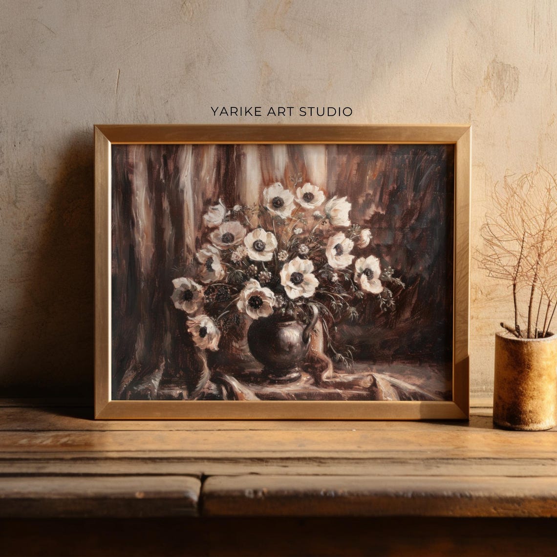 White Anemone Flowers Dark Vase Dramatic Floral Still Life Poster - Image 3