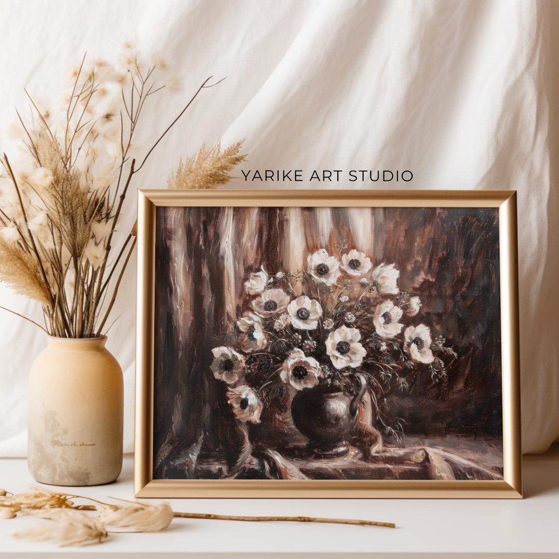 White Anemone Flowers Dark Vase Dramatic Floral Still Life Poster - Image 5