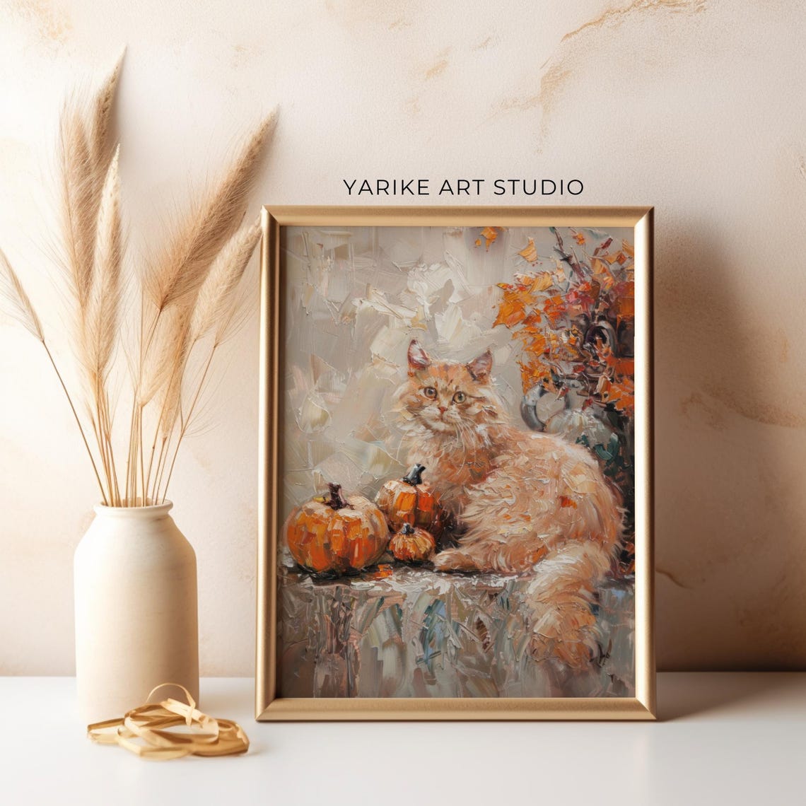 Ginger Cat With Pumpkins Autumn Leaves Warm Rustic Fall Poster - Image 5